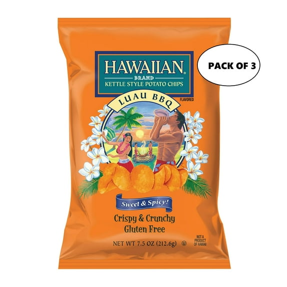 Hawaiian Brand Luau BBQ Kettle Style Potato Chips 7.5 oz (Pack of 3) Gluten-Free Snack