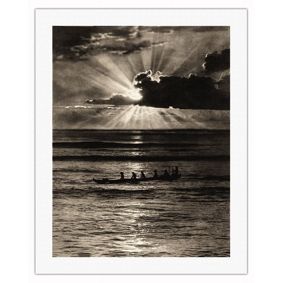 Hawaiian Canoe in Honolulu Harbor at Sunset - Vintage B&W Photograph by James J. Williams c.1922 - Fine Art Rolled Canvas Print 20in x 26in