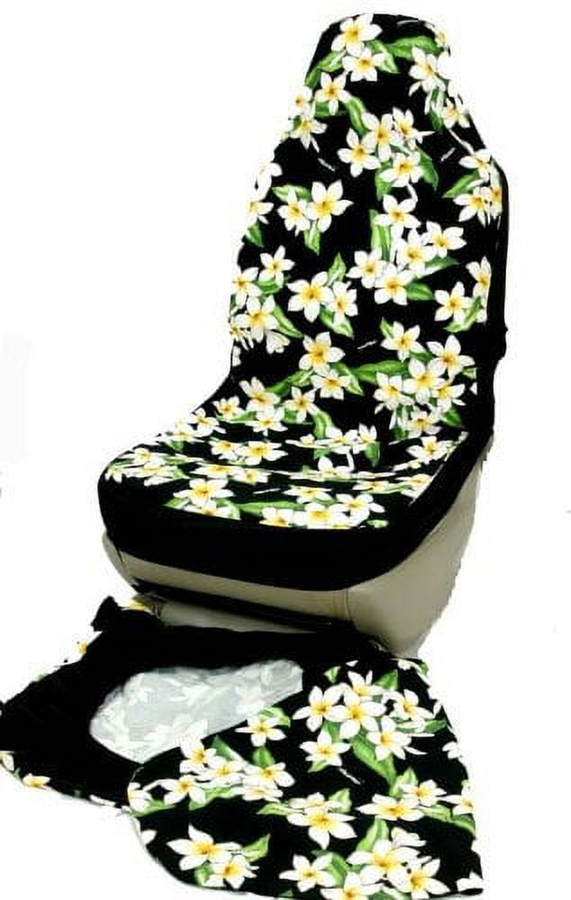 Hawaiian Car Seat Covers, Black Plumeria Flower, Set of 2 Front Bucket
