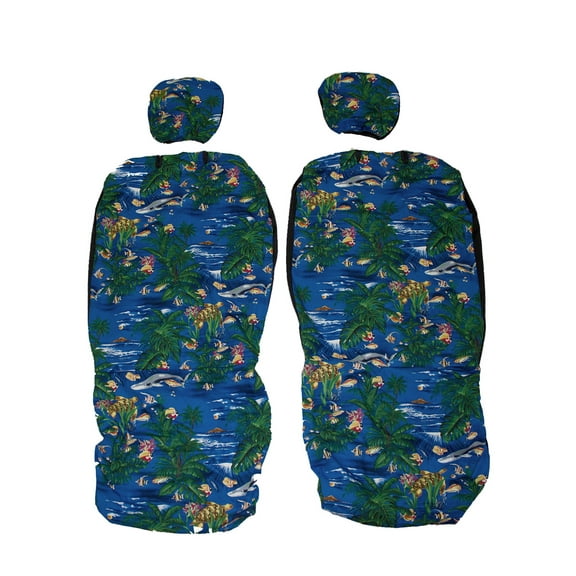 Hawaiian Car Seat Covers with Separated Headrest, Tropical Reef Fish and Turtle Set of 2 Front Bucket Seat Covers
