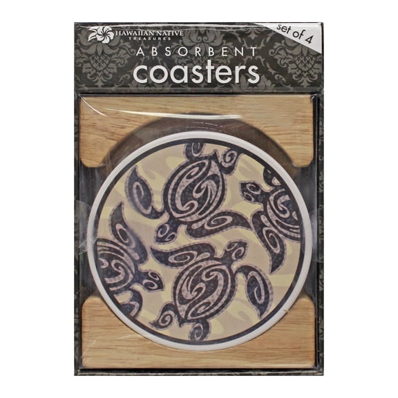 Hawaiian Ceramic Coasters 4 Pack Tribal Turtle