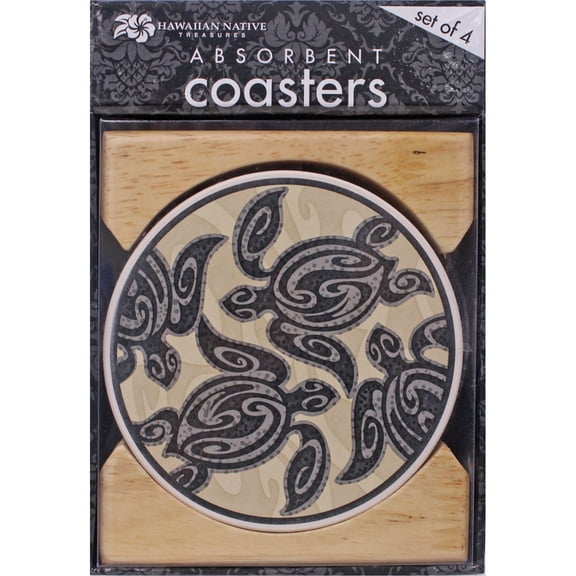 Hawaiian Ceramic Coasters 4 Pack Tribal Turtle