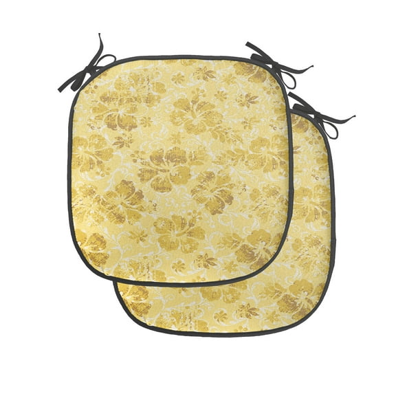 Hawaiian Chair Seating Cushion Set of 2, Hibiscus Flowers Pattern Grunge Tropical Beach Theme in Hawaii Nature Picture, Seat Pads for Office with Anti-slip Backing, 16"x16", Yellow White, by Ambesonne
