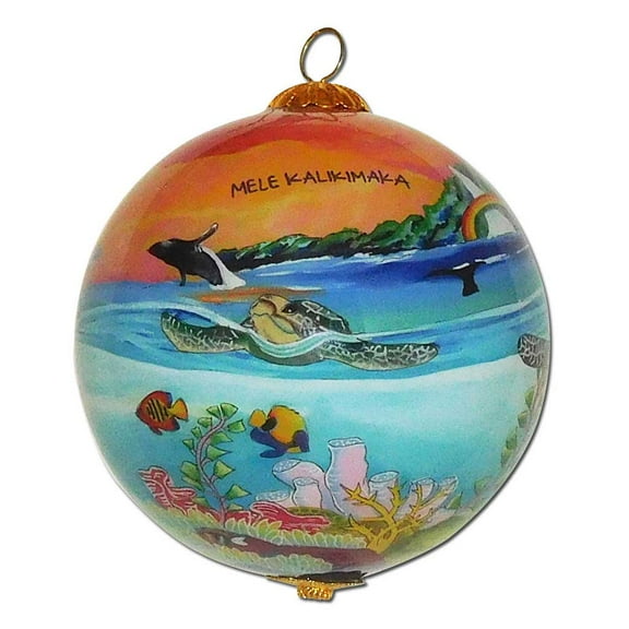 Hawaiian Christmas Ornament of Sea Turtles at Sunset with Gift Box, Collectible, Hand-Painted from Inside the Glass