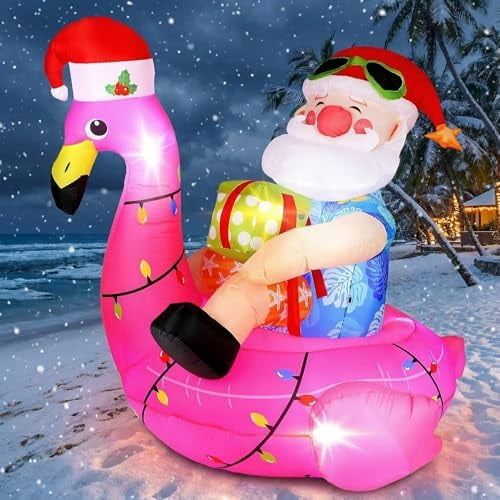 Hawaiian Christmas Santa on Flamingo Inflatable Decoration 5ft Tropical Santa Blow up Beach Christmas Inflatable Outdoor Decor with LED Light Xmas Flamingo Pool Floating for Outside Holiday Garden
