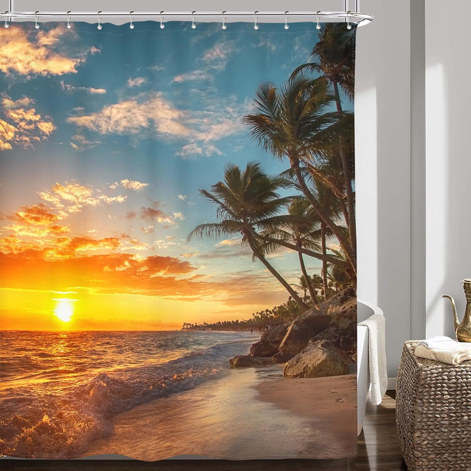 Hawaiian Coastal Beach Shower Curtain Tropical Palm Tree Hawaii Sunset Sunrise Sea Ocean Wave 72Wx72H Inch Seaside Landscape Nature Fabric Decor Bathroom Polyester Waterproof 12 Pack Hooks