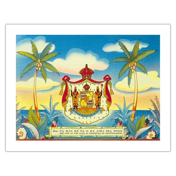 Hawaiian Coat of Arms - Motto: Life of the Land is Preserved by Righteousness - Vintage Hawaiian Color Postcard c.1920s - Bamboo Fine Art 290gsm Paper (Unframed) 17x22in