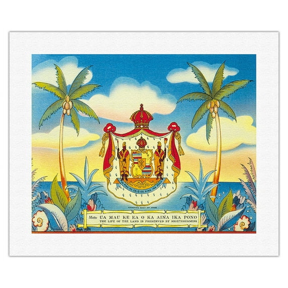 Hawaiian Coat of Arms - Motto: Life of the Land is Preserved by Righteousness - Vintage Hawaiian Color Postcard c.1920s - Fine Art Rolled Canvas Print 16in x 20in
