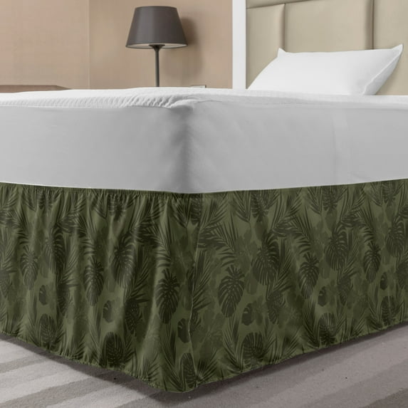 Hawaiian Colors Bed Skirt, Monochrome Camouflage Effect Inspired Scene of Tropical Plants, Elastic Bedskirt Dust Ruffle Wrap Around for Bedding Decor, 4 Sizes, Army Green Slate Brown, by Ambesonne