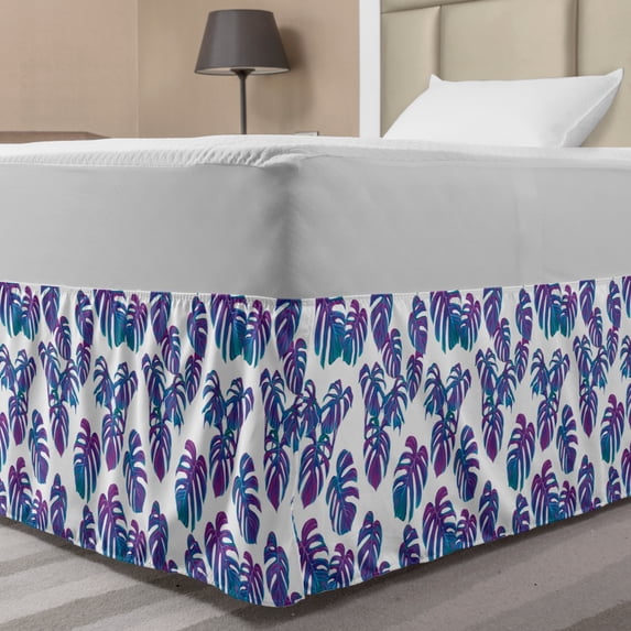 Hawaiian Colors Bed Skirt, Retro Style Continuing Pattern of Monstera Leaves Tropic Feels, Elastic Bedskirt Dust Ruffle Wrap Around for Bedding Decor, 4 Sizes, Purple Sea Blue Teal, by Ambesonne
