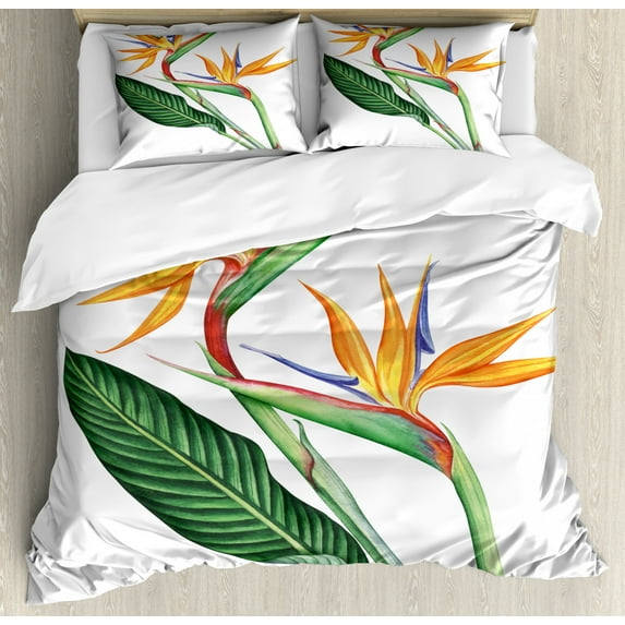 Hawaiian Colors Duvet Cover Set King Size, Tropical Painting of a Bird of Paradise Flower on Plain Background, Decorative 3 Piece Bedding Set with 2 Pillow Shams, White Multicolor, by Ambesonne