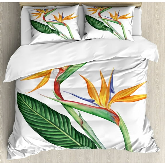 Hawaiian Colors Duvet Cover Set Queen Size, Tropical Painting of a Bird of Paradise Flower on Plain Background, Decorative 3 Piece Bedding Set with 2 Pillow Shams, White Multicolor, by Ambesonne
