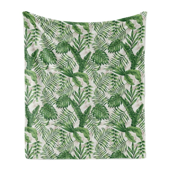 Hawaiian Colors Soft Flannel Fleece Blanket, Demonstration of Different Island Plantation Monstera Banana Leaves, Cozy Plush for Indoor and Outdoor Use, 70" x 90", Green and Coconut, by Ambesonne