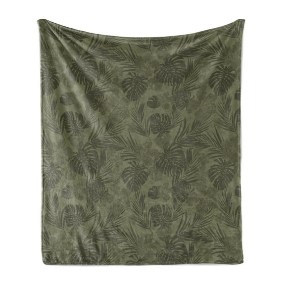 Hawaiian Colors Soft Flannel Fleece Blanket, Monochrome Camouflage Effect Inspired Scene of Tropical Plants, Cozy Plush for Indoor and Outdoor Use, 50" x 60", Army Green Slate Brown, by Ambesonne