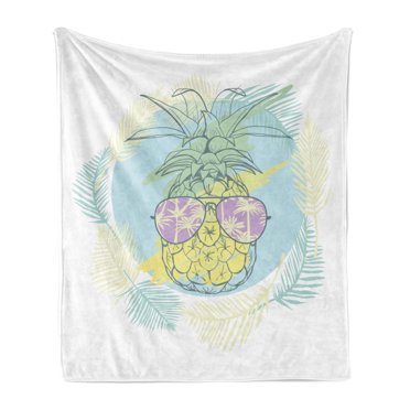 Hawaiian Colors Soft Flannel Fleece Throw Blanket, Round Artwork Hand Drawn Like Pineapple in Sunglasses Retro Cool Look, Cozy Plush for Indoor and Outdoor Use, 50" x 60", Multicolor, by Ambesonne
