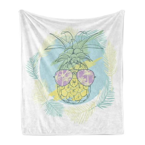 Hawaiian Colors Soft Flannel Fleece Throw Blanket, Round Artwork Hand Drawn Like Pineapple in Sunglasses Retro Cool Look, Cozy Plush for Indoor and Outdoor Use, 60" x 80", Multicolor, by Ambesonne