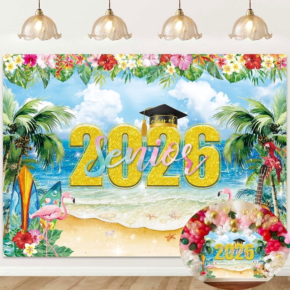 Hawaiian Congrats Grad Backdrop Summer Tropical Beach Floral Class of 2026 Graduation Background Congratulate Graduate Party Decorations Banner Photo Booth Props