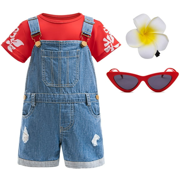 Hawaiian Costume Outfit for Little Girls with Flower Hair Clips and Sunglasses, Size for 1-6Y