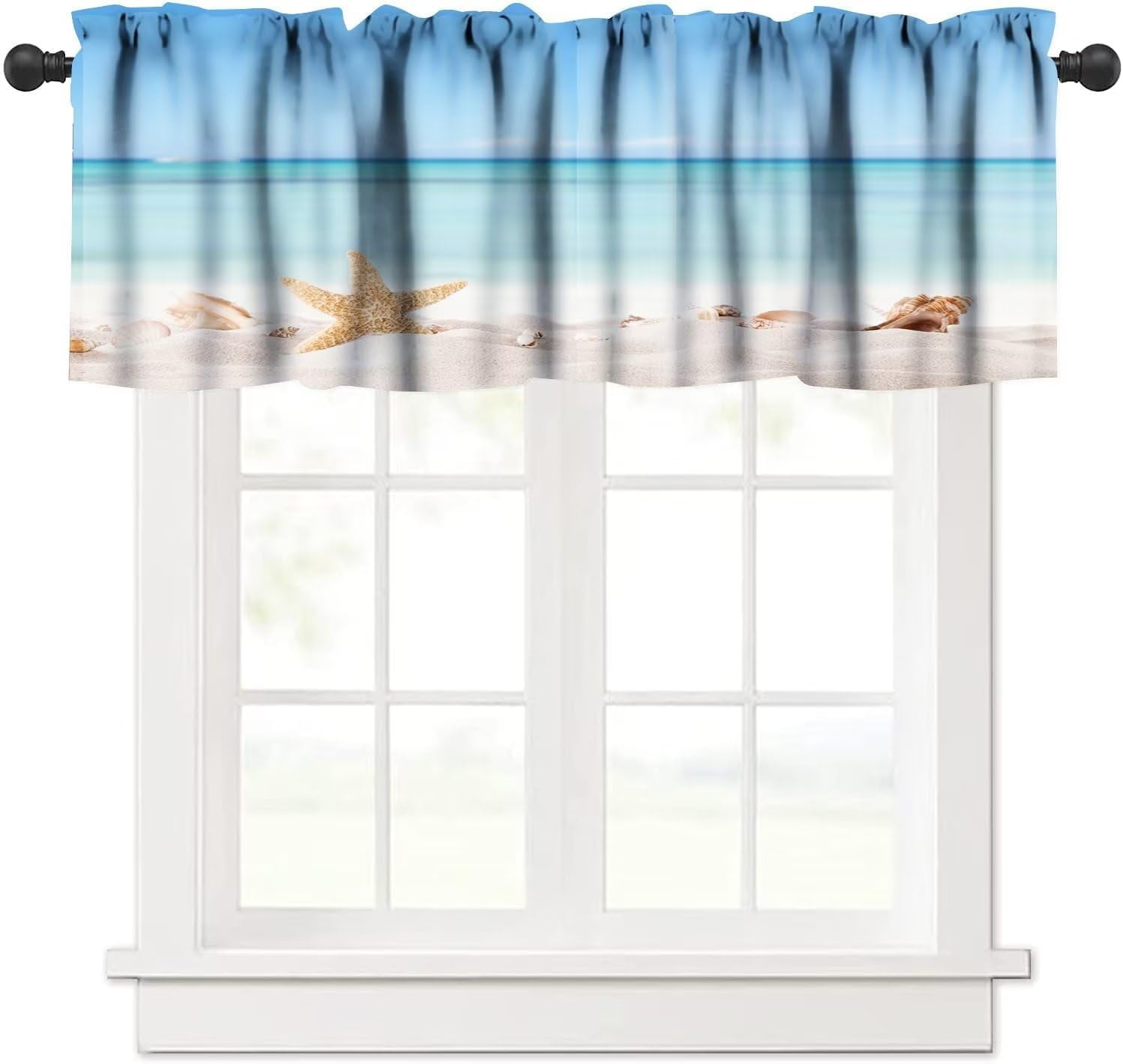 Hawaiian Curtains Starfish Seashells Theme Ocean Beach Sand Blue Sky
