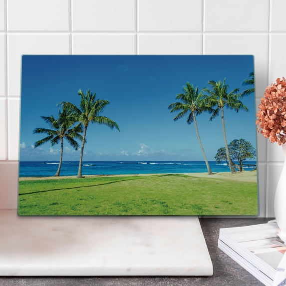 Hawaiian Cutting Board, Coconut Palm Trees and Lawn on the Sandy Poipu Beach in Hawaii Kauai Picture Print, Decorative Tempered Glass Cutting and Serving Board, Large Size, Blue Green, by Ambesonne
