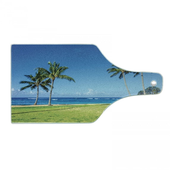Hawaiian Cutting Board, Coconut Palm Trees and Lawn on the Sandy Poipu Beach in Hawaii Kauai Picture Print, Tempered Glass Cutting and Serving Board, Wine Bottle Shape, Blue Green, by Ambesonne