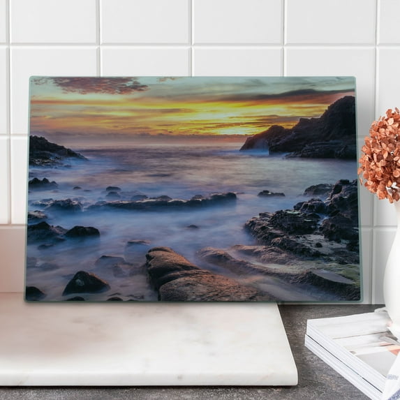 Hawaiian Cutting Board, Colorful Sunrise at Halona Cove Eternity Beach Oahu Foggy Coast Seascape, Decorative Tempered Glass Cutting and Serving Board, Large Size, Yellow Orange Purple, by Ambesonne
