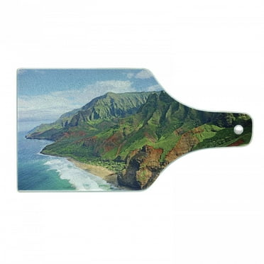 Hawaiian Cutting Board, Na Pali Coast Kauai Hawaii Seashore Greenery Adventurous Journey Landscape, Tempered Glass Cutting and Serving Board, Wine Bottle Shape, Green Redwood Blue, by Ambesonne