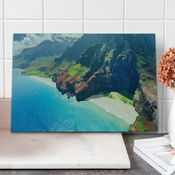 Hawaiian Cutting Board, Na Pali Coast on Kauai Island on Hawaii Sunny Day Seaside Mountain Skyline, Decorative Tempered Glass Cutting and Serving Board, Large Size, Green Brown, by Ambesonne