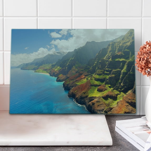 Hawaiian Cutting Board, Na Pali Coast on Kauai Island Water Sunshines Foggy Cloudscape Panorama, Decorative Tempered Glass Cutting and Serving Board, Large Size, Blue Green Brown, by Ambesonne