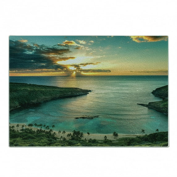 Hawaiian Cutting Board, Sunrise over Hanauma Bay Oahu Hawaii Sunbeams Through Clouds Shoreline, Decorative Tempered Glass Cutting and Serving Board, Small Size, Turquoise Green Yellow, by Ambesonne
