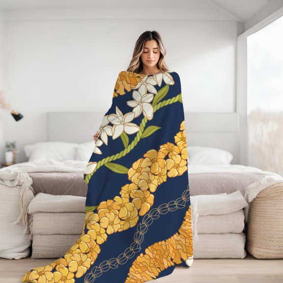 Hawaiian Dark Blue Puakenikeni Maile Pikake Illima Lei Hawaiian Holiday Blanket Flannel Blanket
