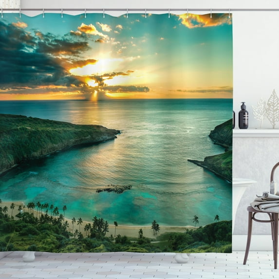 Hawaiian Decorations Sunrise Over Hanauma Bay On Oahu, Hawaii Sunbeams Through Dark Clouds Shoreline, Bathroom Accessories, 69W X 84L Inches Extra Long, By Ambesonne