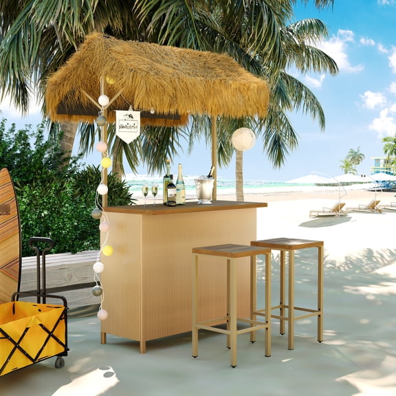 Hawaiian Design Outdoor Bar With Adjustable Feet, Pe Grass Canopy, Wood For Longevity And Storage Style Drinking , Wood, Functional