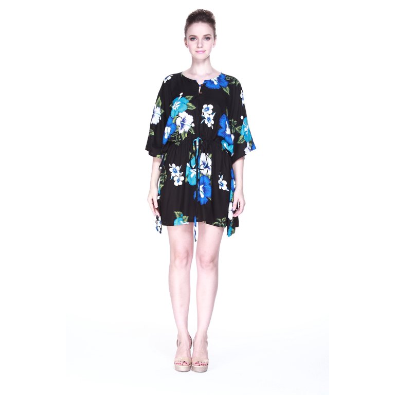 Hawaiian Dress Poncho Dress Luau Dress with Tie in Black with Blue and Turquoise Floral