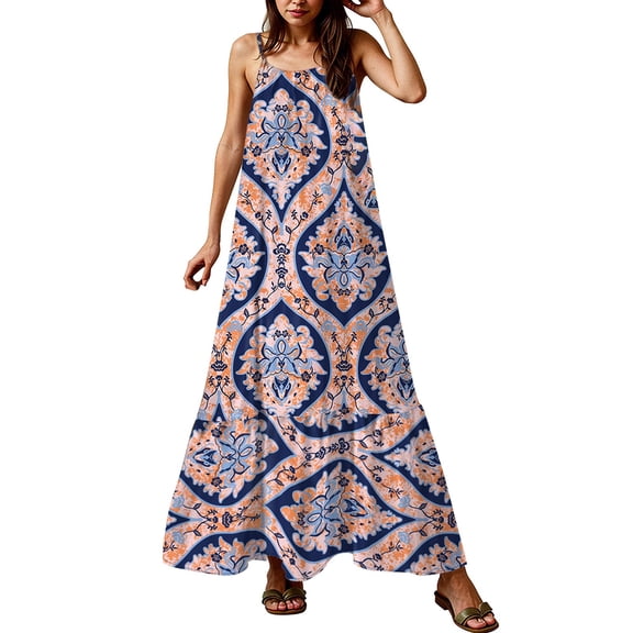 Hawaiian Dresses For Women, Summer Women 2025 Floral Maxi Dress Boho Beach Party Wedding Guest Elegant Halter Spaghetti Strap Scoop Neck Smocked Ruffle Flowy Purple