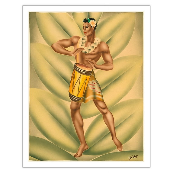 Hawaiian Drummer (Mea hoʻokani pahu) - Vintage Hawaiian Airbrush Art by Gill c.1940s - Fine Art Matte Paper Print (Unframed) 11x14in