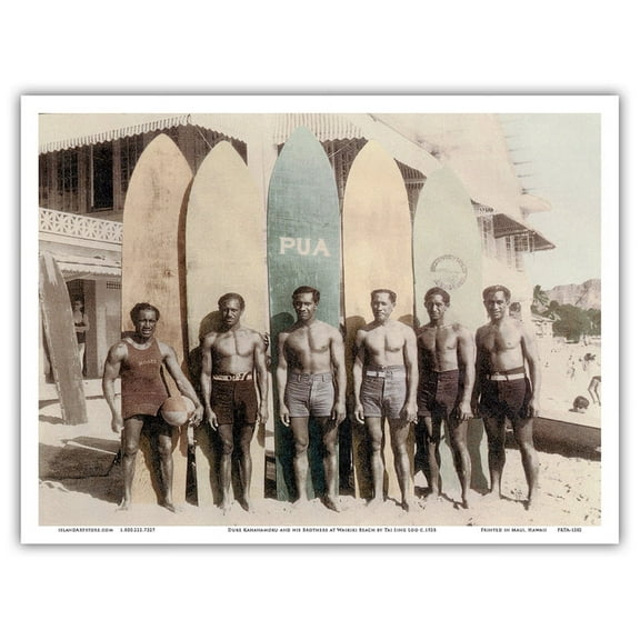 Hawaiian Duke Kahanamoku & Brothers Surfboards Waikiki Hawaii - Vintage Hand Colored Photograph by Tai Sing Loo c.1928 - Master Art Print (Unframed) 9in x 12in
