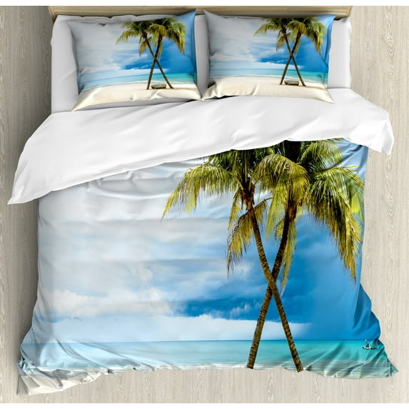Hawaiian Duvet Cover Set, Cloudy Sky Boat in the Sea Palm Trees Sandy Beach Thailand Seascape Picture Print, Decorative 3 Piece Bedding Set with 2 Pillow Shams, King Size, Green Blue, by Ambesonne