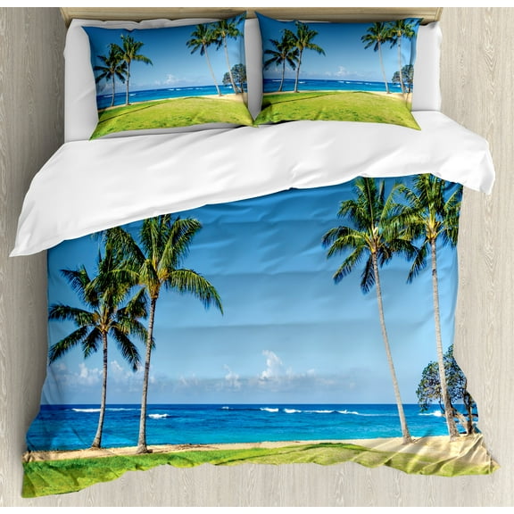 Hawaiian Duvet Cover Set, Coconut Palm Trees and Lawn on the Sandy Poipu Beach in Hawaii Kauai Picture Print, Decorative 3 Piece Bedding Set with 2 Pillow Shams, Calking Size, Blue Green, by Ambesonne