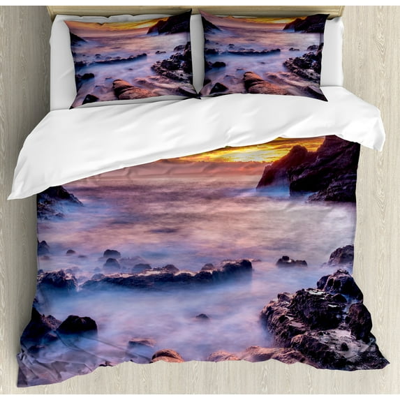 Hawaiian Duvet Cover Set, Colorful Sunrise at Halona Cove Eternity Beach Oahu Foggy Coast Seascape, Decorative 3 Piece Bedding Set with 2 Pillow Shams, Calking Size, Yellow Orange Purple, by Ambesonne