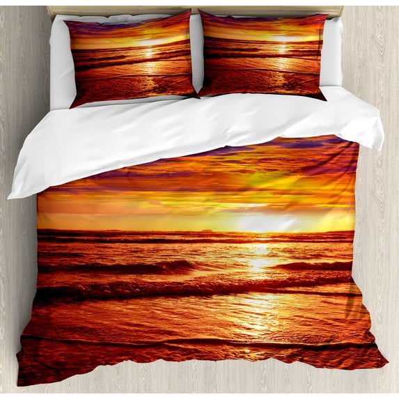 Hawaiian Duvet Cover Set, Dramatic Picture of Sunset over Beach Sun Rays Reflection on Sea Evening View, Decorative 3 Piece Bedding Set with 2 Pillow Shams, Queen Size, Yellow Orange, by Ambesonne