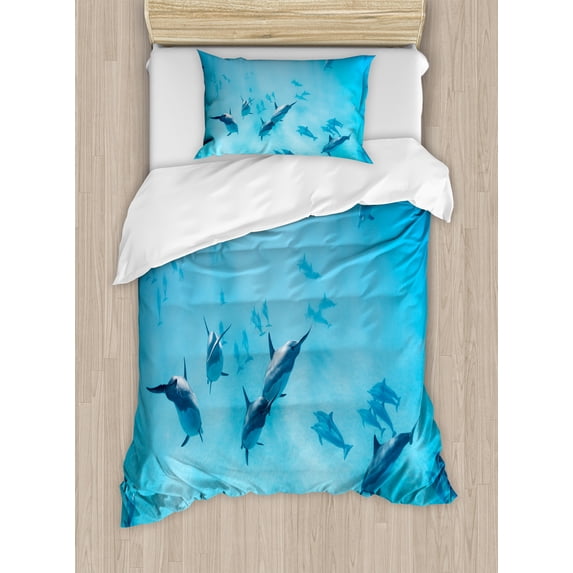 Hawaiian Duvet Cover Set, Group of Dolphins in Hawaii Wildlife Underwater Animals Tropical Aquatic Nature Picture, Decorative 2 Piece Bedding Set with 1 Pillow Shams, Twin Size, Blue, by Ambesonne
