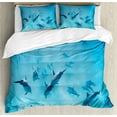 thumbnail image 1 of Hawaiian Duvet Cover Set, Group of Dolphins in Hawaii Wildlife Underwater Animals Tropical Aquatic Nature Picture, Decorative 3 Piece Bedding Set with 2 Pillow Shams, King Size, Blue, by Ambesonne, 1 of 3