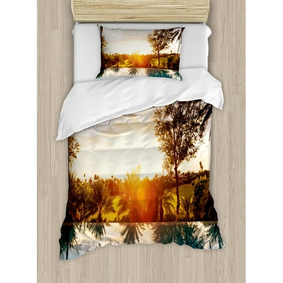 Hawaiian Duvet Cover Set, Home with Swimming Pool at Sunset Tropics Palms Private Villa Resort Scenic View, Decorative 2 Piece Bedding Set with 1 Pillow Shams, Twin Size, Orange Teal, by Ambesonne
