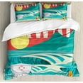 thumbnail image 1 of Hawaiian Duvet Cover Set King Size, Hawaii Sandy Coastline Sunny Day Surfboard Tropics Famous Honeymoon Destination, Decorative 3 Piece Bedding Set with 2 Pillow Shams, Sand Teal, by Ambesonne, 1 of 3