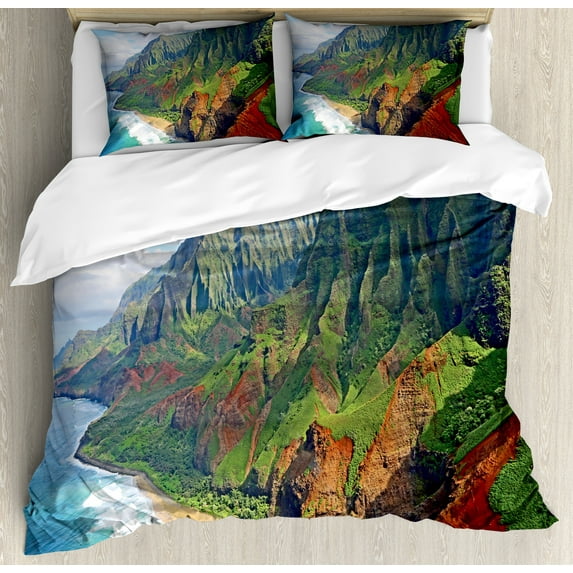 Hawaiian Duvet Cover Set, Na Pali Coast Kauai Hawaii Seashore Greenery Adventurous Journey Landscape, Decorative 3 Piece Bedding Set with 2 Pillow Shams, Calking Size, Green Redwood Blue, by Ambesonne