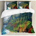 thumbnail image 1 of Hawaiian Duvet Cover Set, Na Pali Coast Kauai Hawaii Seashore Greenery Adventurous Journey Landscape, Decorative 3 Piece Bedding Set with 2 Pillow Shams, Queen Size, Green Redwood Blue, by Ambesonne, 1 of 3