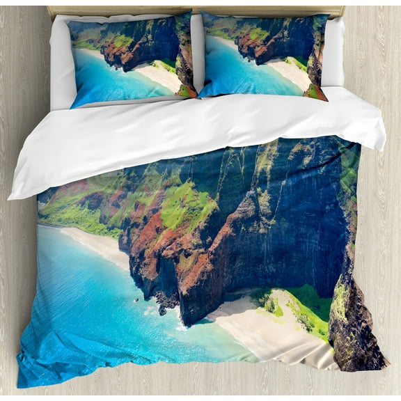 Hawaiian Duvet Cover Set, Na Pali Coast on Kauai Island on Hawaii Sunny Day Seaside Mountain Skyline, Decorative 3 Piece Bedding Set with 2 Pillow Shams, Calking Size, Blue Green Brown, by Ambesonne