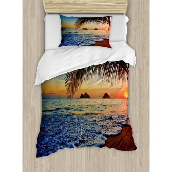 Hawaiian Duvet Cover Set, Pacific Sunrise at Lanikai Beach Hawaii Wavy Ocean Surface Colorful Sky Scene, Decorative 2 Piece Bedding Set with 1 Pillow Shams, Twin Size, Brown Blue, by Ambesonne