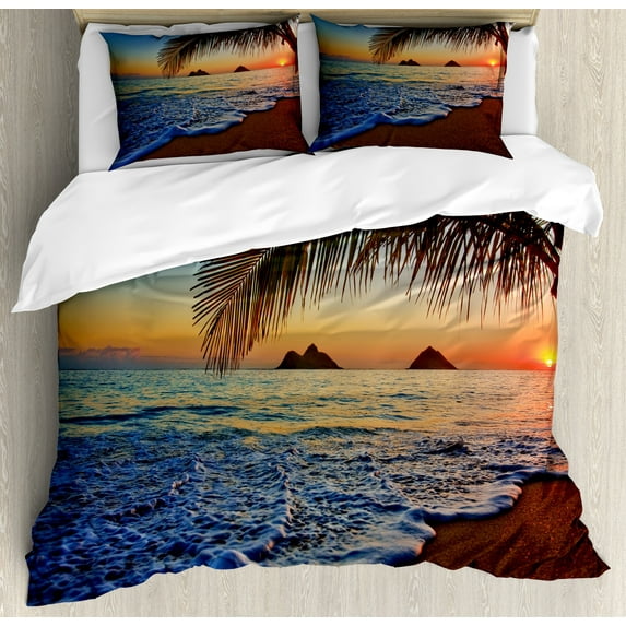 Hawaiian Duvet Cover Set, Pacific Sunrise at Lanikai Beach Hawaii Wavy Ocean Surface Colorful Sky Scene, Decorative 3 Piece Bedding Set with 2 Pillow Shams, Calking Size, Brown Blue, by Ambesonne